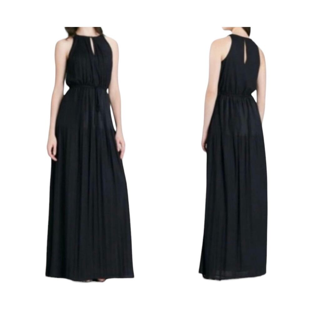 Shoshanna Maxi Dress Black Sleeveless Halter Key Hole Neck Pleated